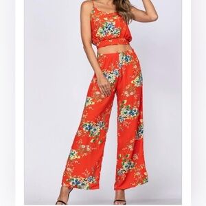 Ginger G Women’s Wide Leg Pants Pull On Elastic Waist Floral Red Size Large